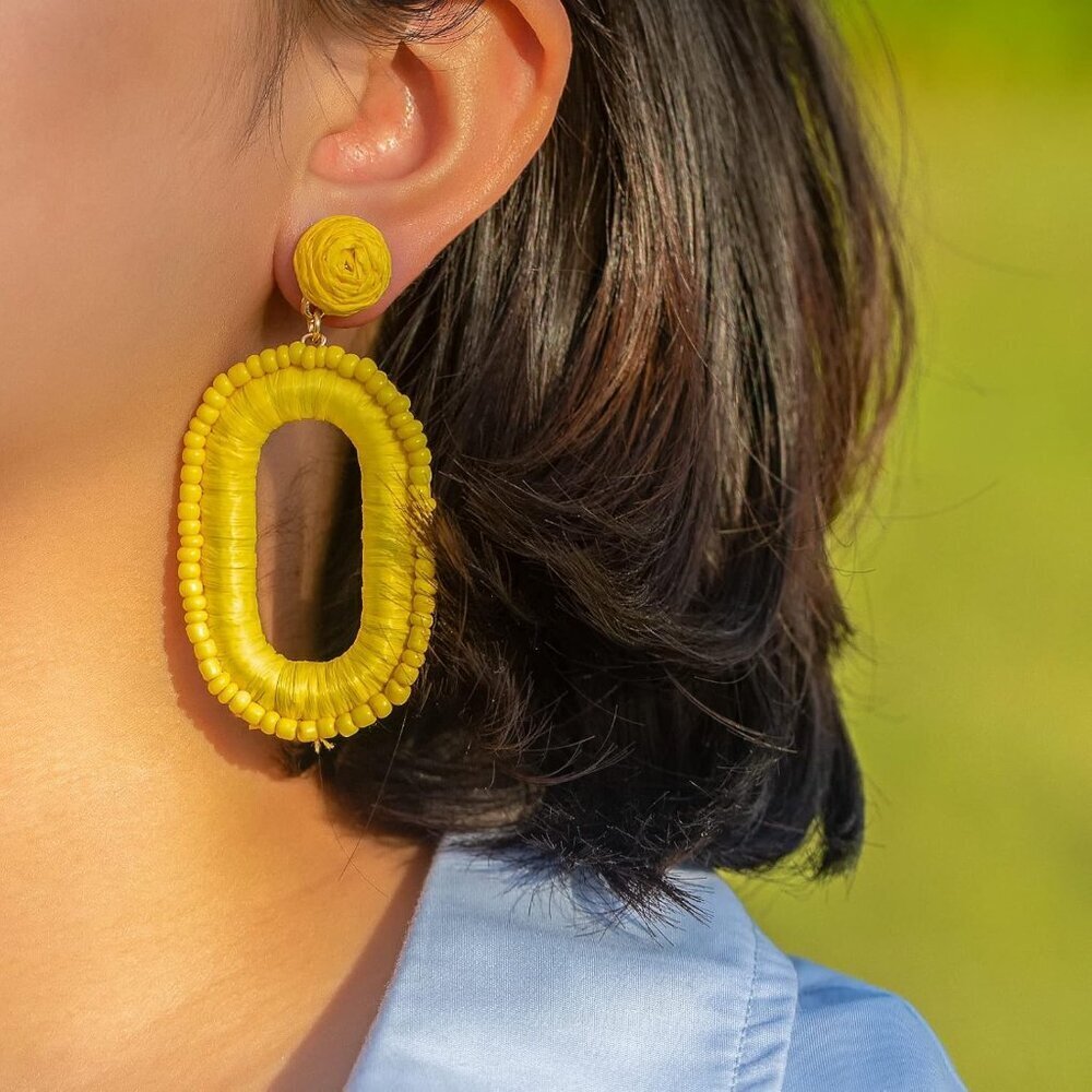 Beaded Raffia Earrings Boho Drop Dangle Summer Ca… - image 4